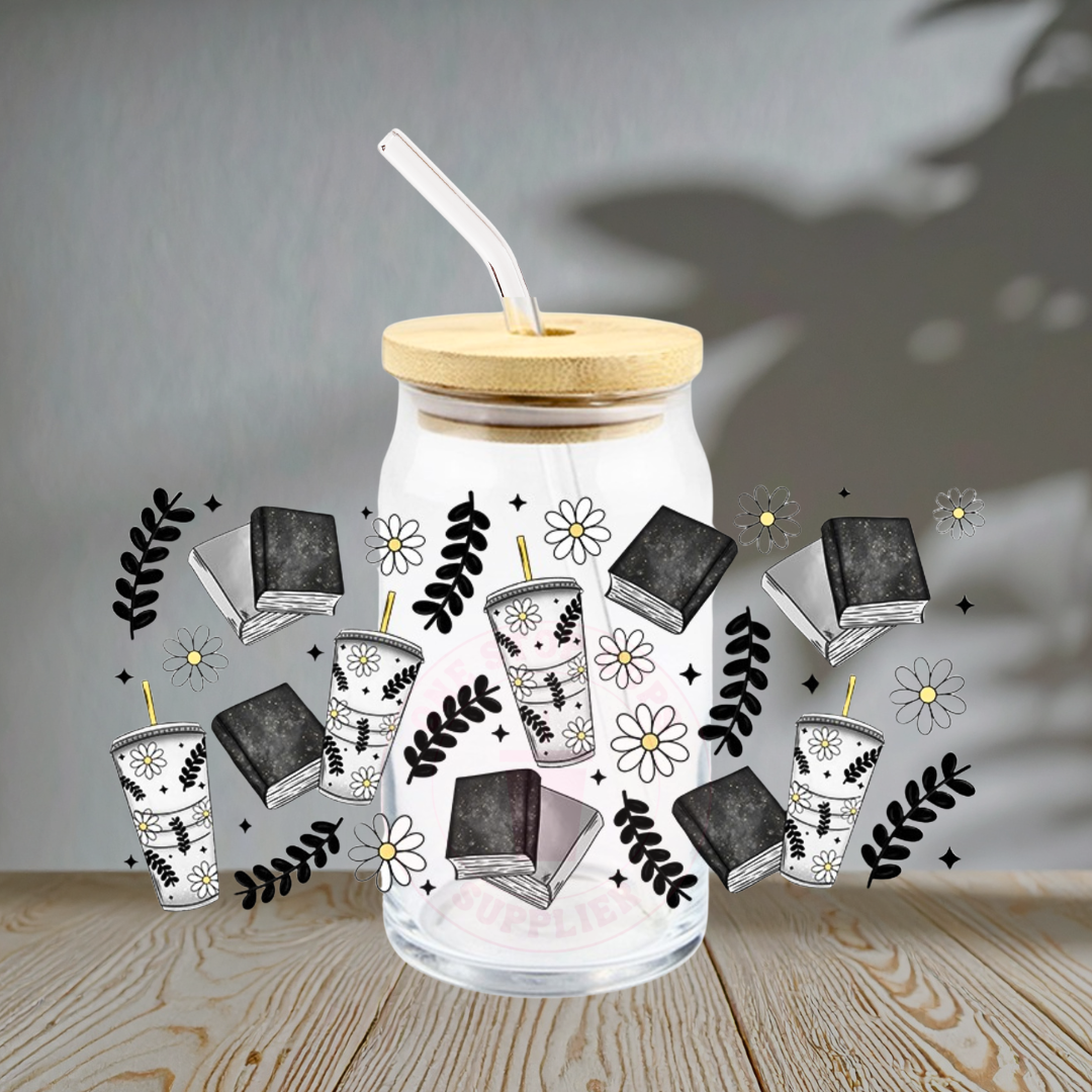 Dark Floral Black Bookish - Glass Cup