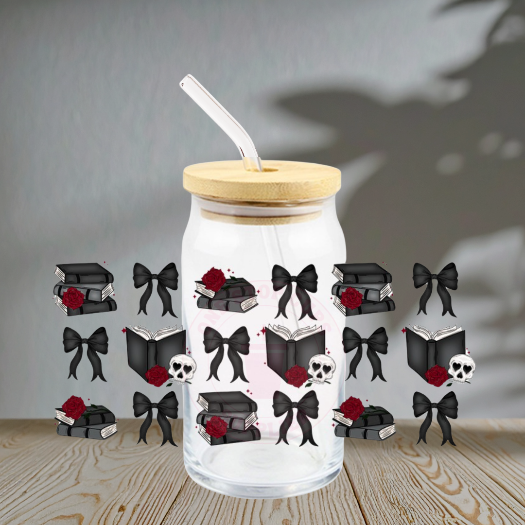 Dark Gothic Coquette Black Skull - Glass Cup